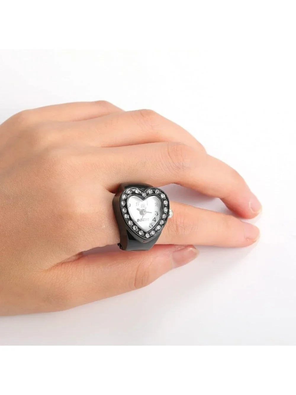 Unisex Black Analog Quartz Easy Read Adjustable Modern Heart Finger Ring Watch